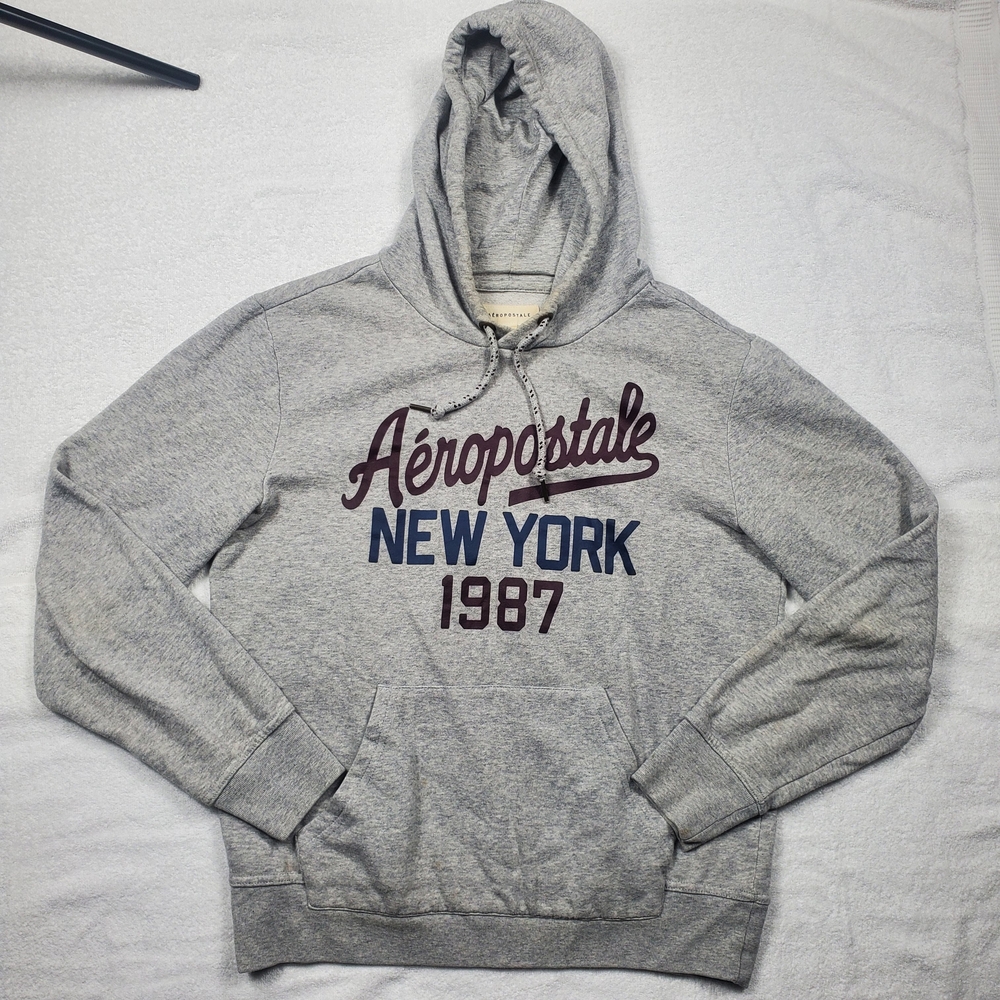 Aeropostale 1987 New York Pullover Hoodie Mens Size Medium Gray Kangaroo Pocket